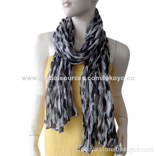 Crinkle polyester scarf with screen printing, for children, black/white, size of 160*35cm overlocked